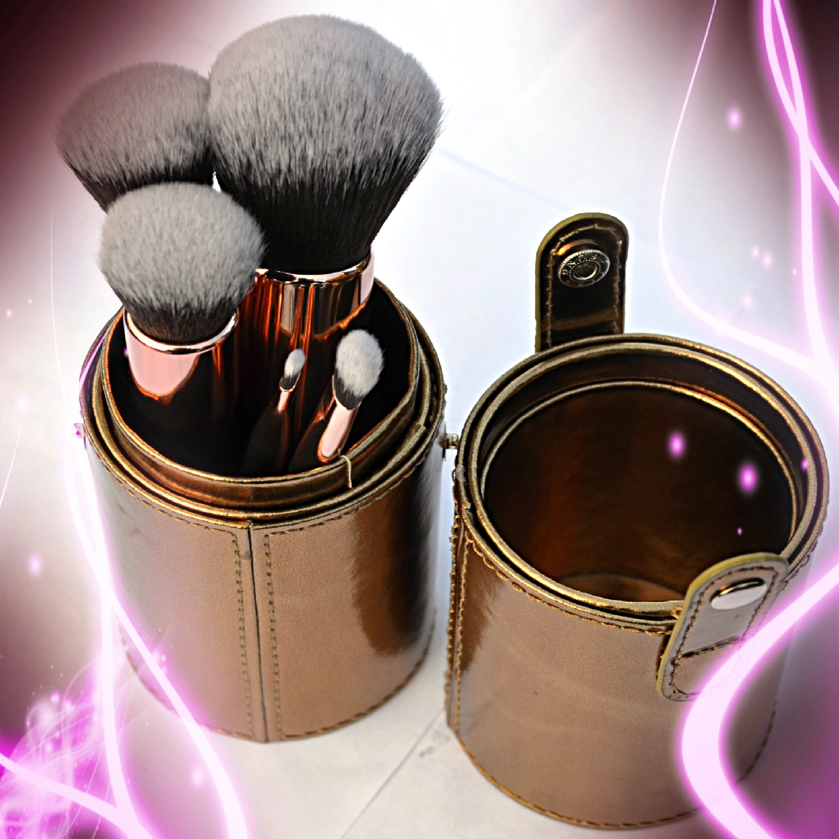 Lady Thulston's gold makeup brush with container